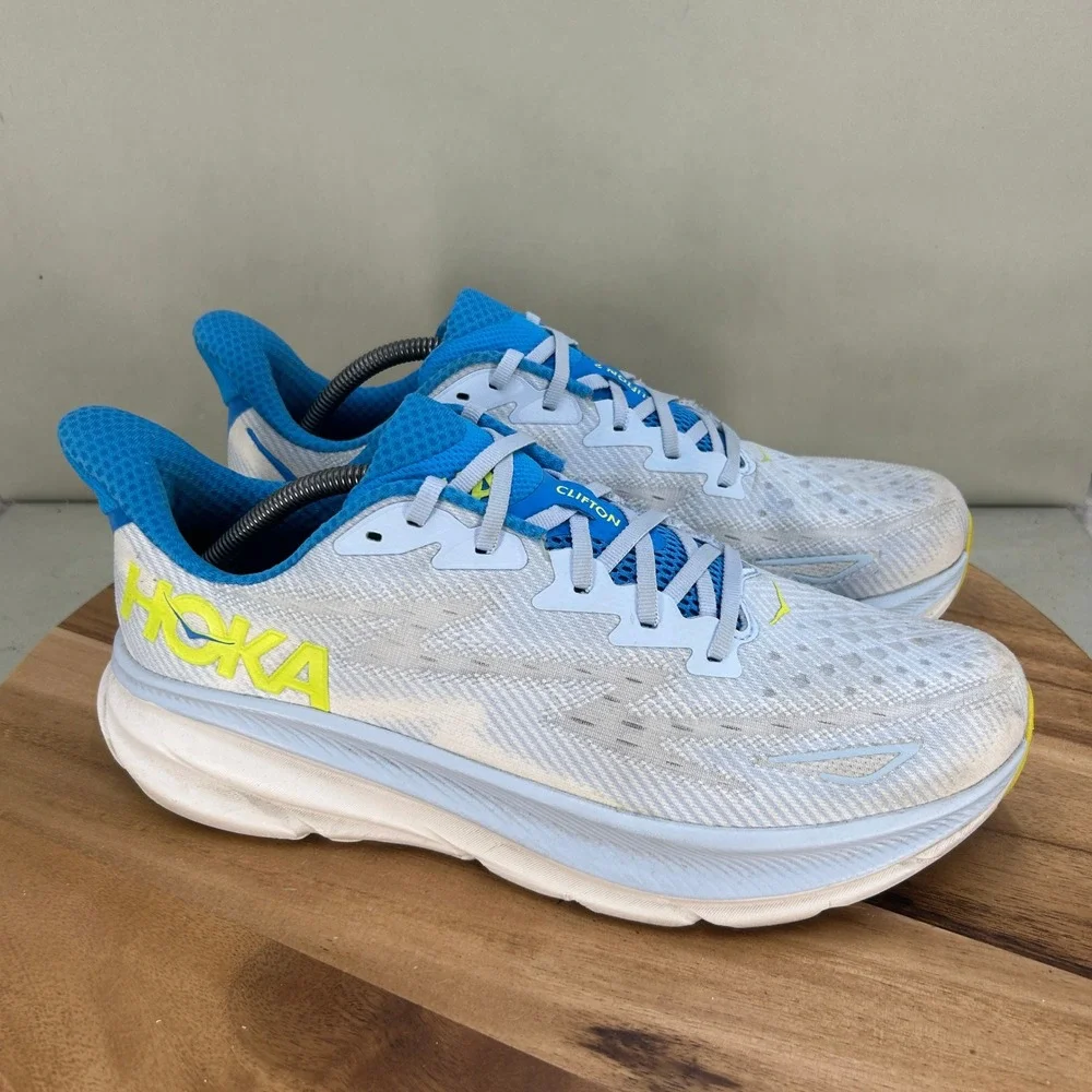 Hoka Clifton 9 Mens Running Shoes Blue White Yellow Cushioned Comfort Size 12 D
